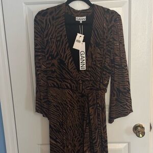 Ganni Brown & Black Animal-Print Wrap Dress